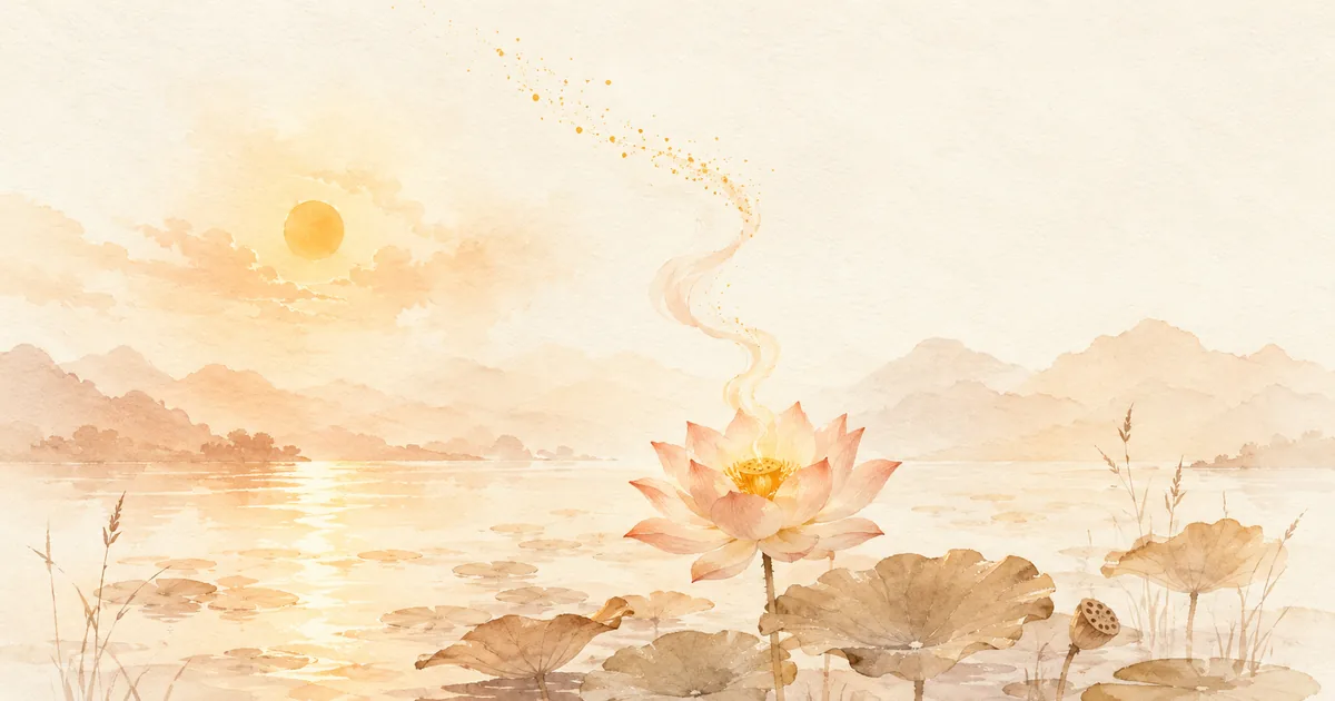 火化進塔：晨曦蓮花池畔的轉化意象插畫